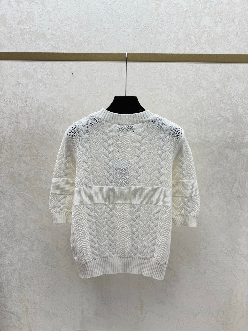 26NEW Solid Color Simple Hollow-Out Round Neck Knit Short Sleeve