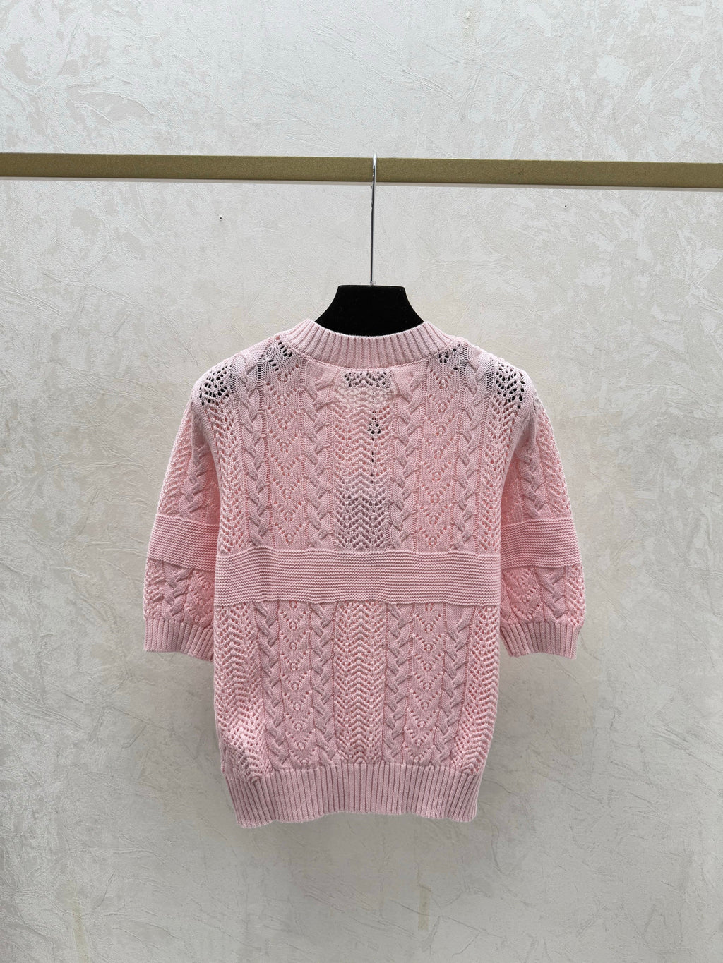 26NEW Solid Color Simple Hollow-Out Round Neck Knit Short Sleeve