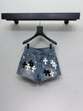 26NEW Heavy-Duty Embroidered Leather Cross Straight-Leg Denim Shorts