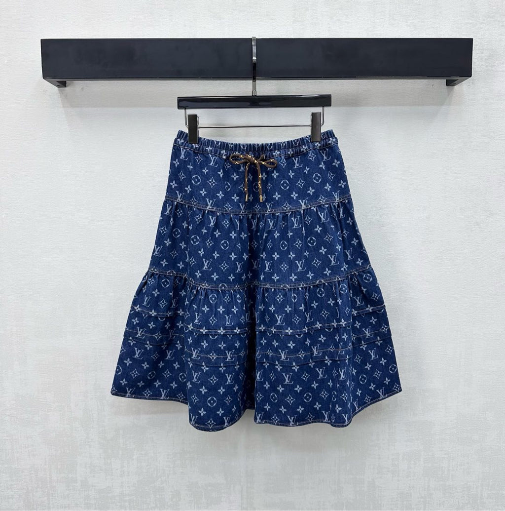 26NEW Drawstring Denim Tiered Skirt