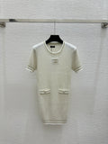 26SS Color Block Gold and Silver Thread Round Neck Knit Short Sleeve Dress