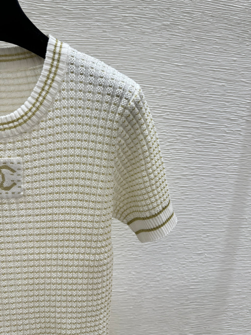 26SS Color Block Gold and Silver Thread Round Neck Knit Short Sleeve Dress