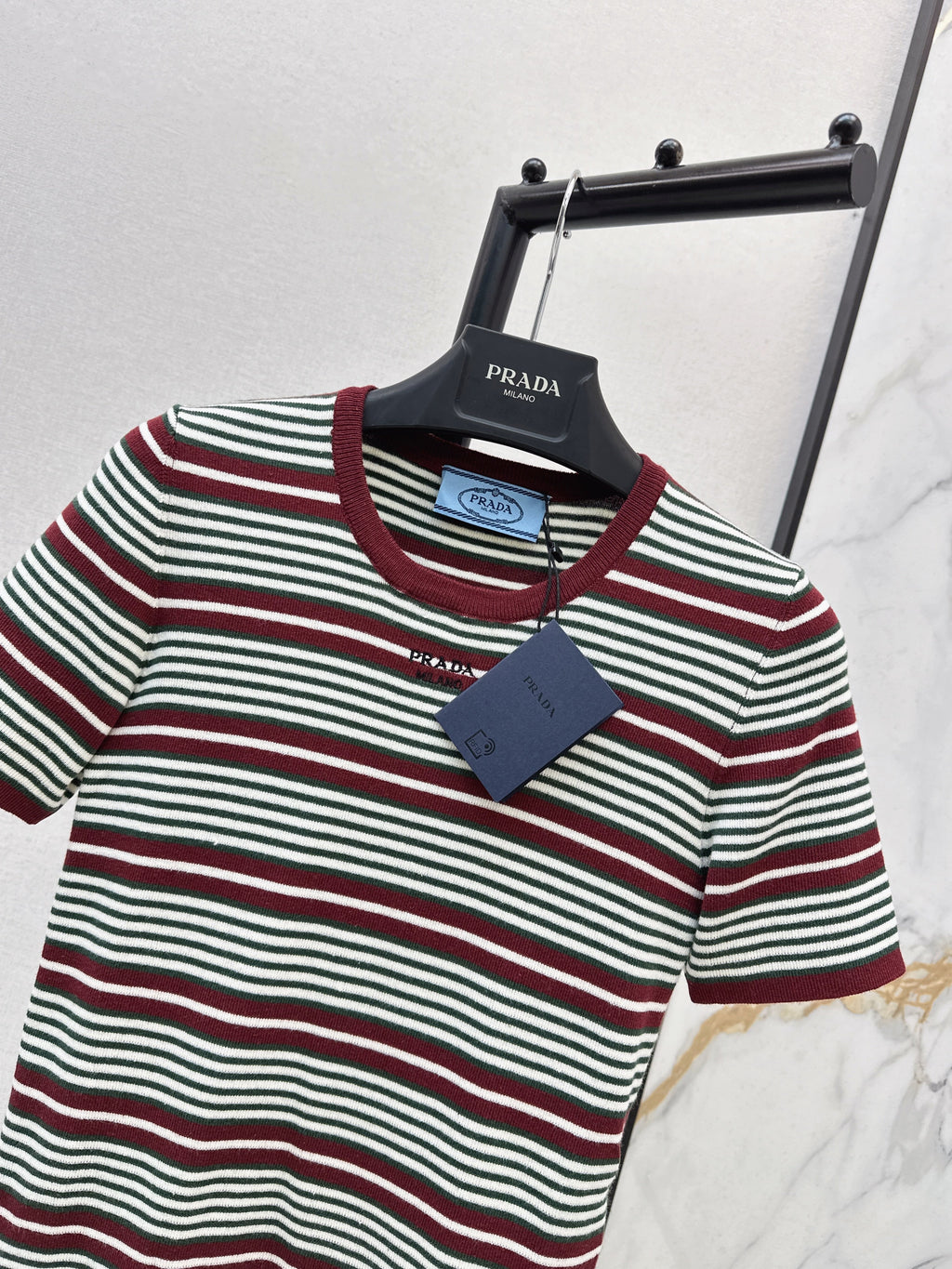 26SS New Letter Embroidered Striped Short-Sleeve Knit Sweater