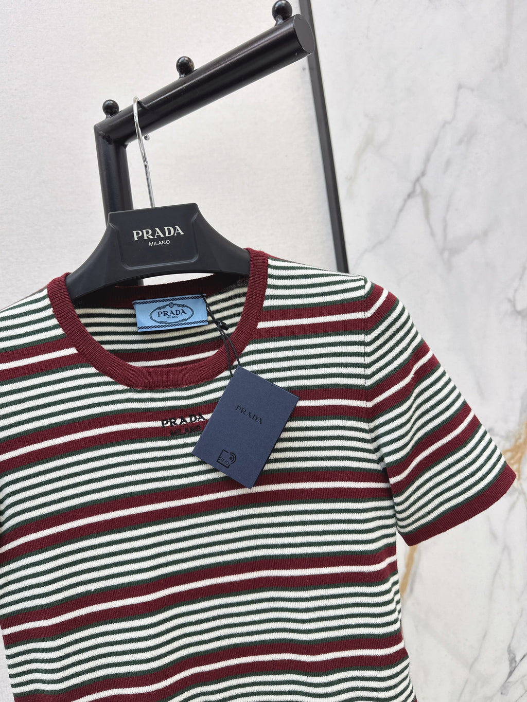 26SS New Letter Embroidered Striped Short-Sleeve Knit Sweater
