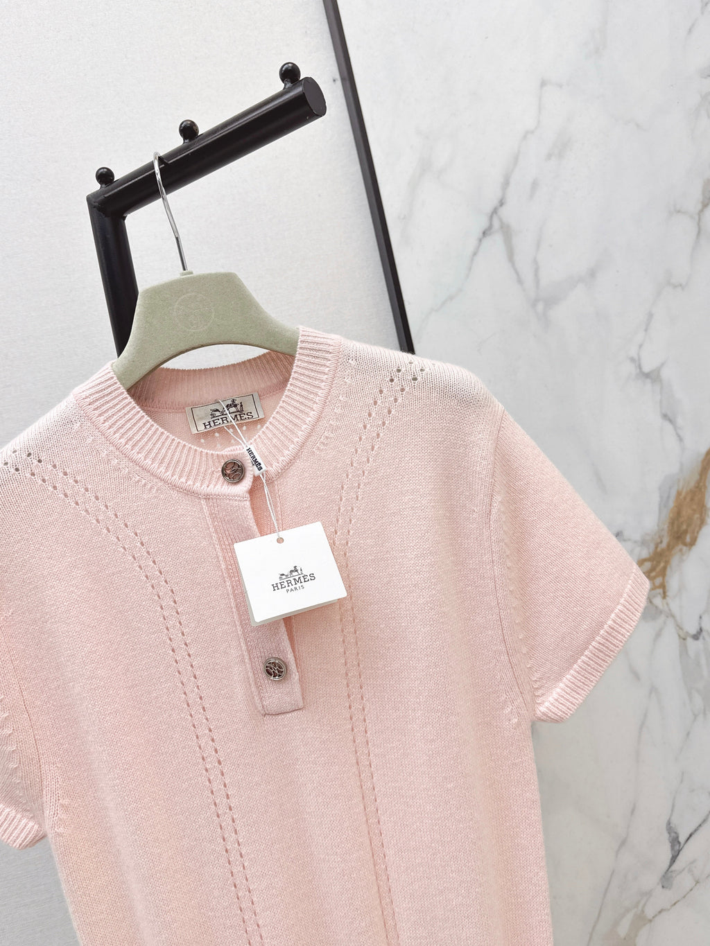 26SS Spring/Summer Newest Hollow-out Pattern Cashmere Dress with Gold Coin Buckle