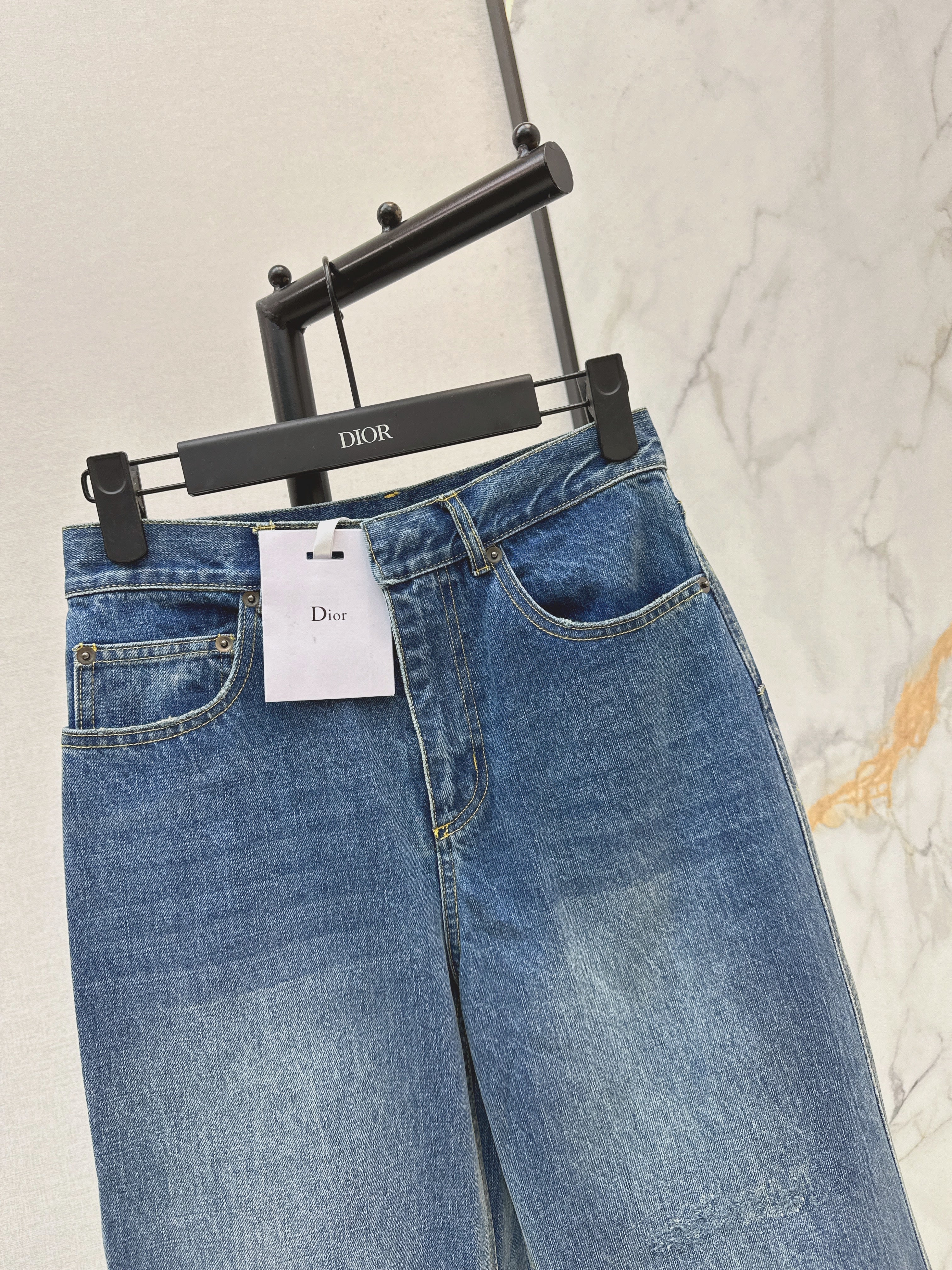 26SS Retro Blue Distressed White Monogram Washed Straight Leg Jeans