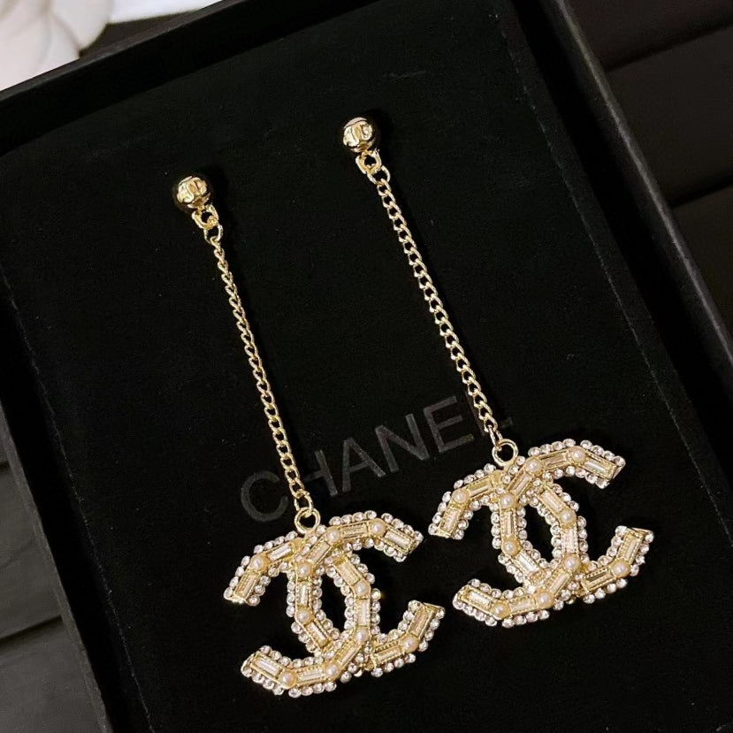 Long Pearl and Square-Cut Diamond Tassel Stud Earrings
