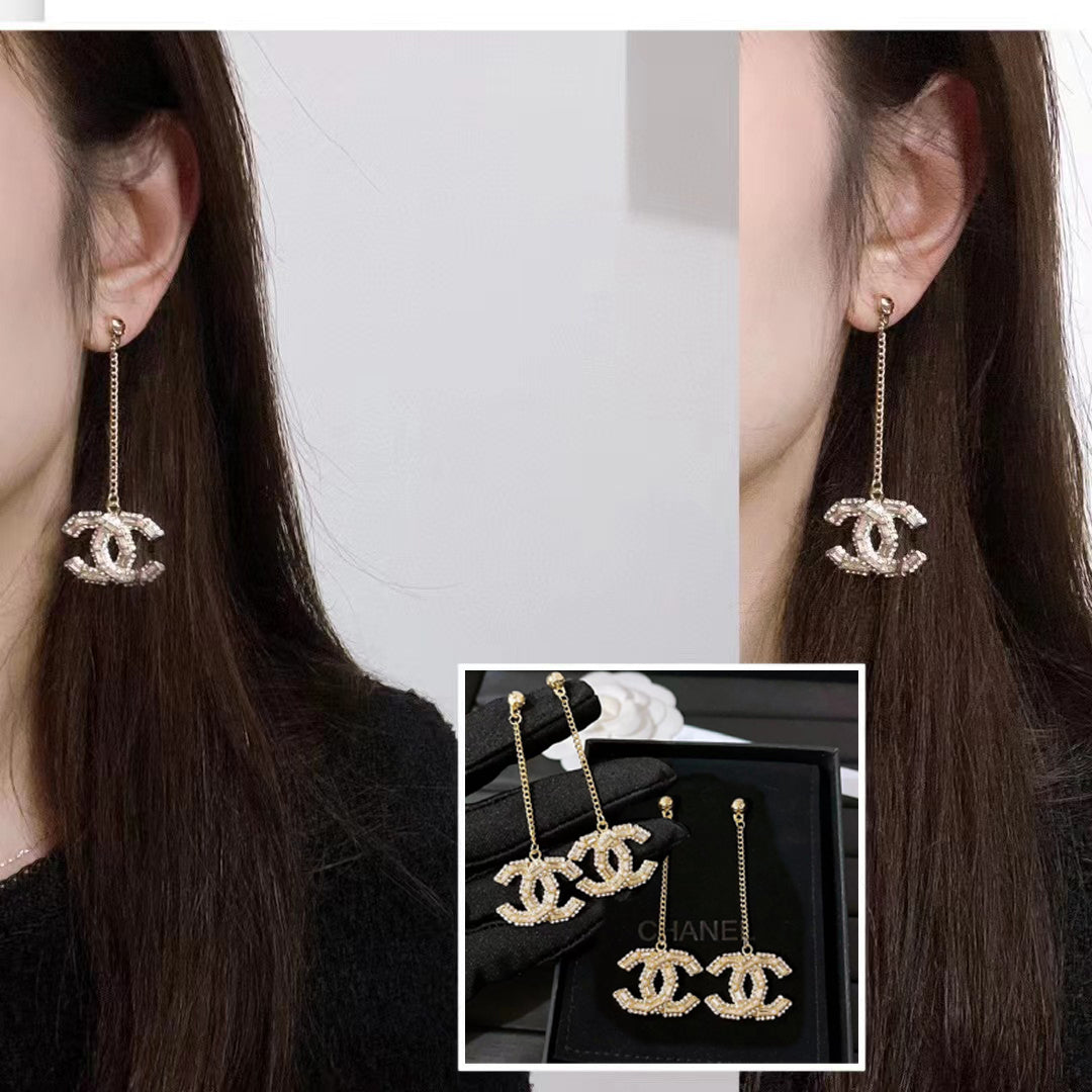 Long Pearl and Square-Cut Diamond Tassel Stud Earrings