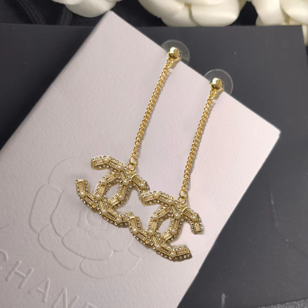 Long Pearl and Square-Cut Diamond Tassel Stud Earrings
