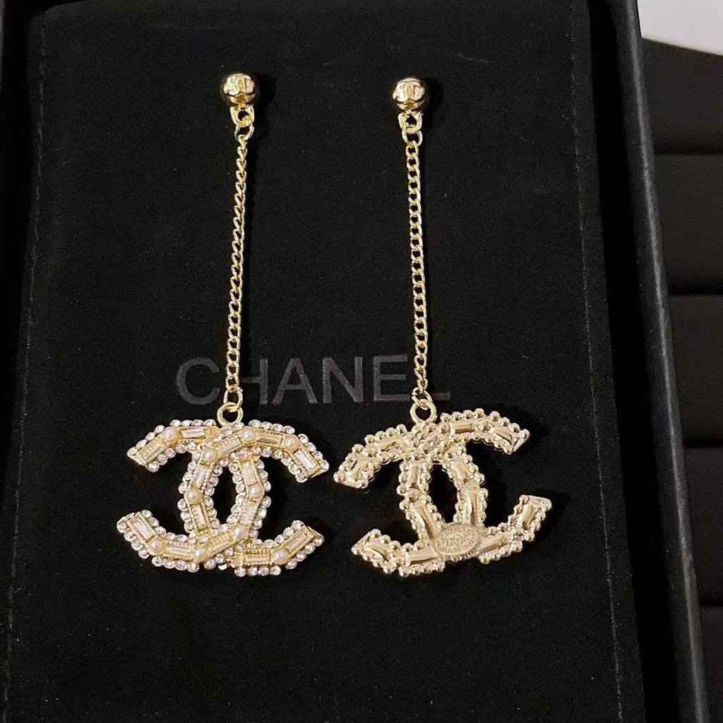 Long Pearl and Square-Cut Diamond Tassel Stud Earrings