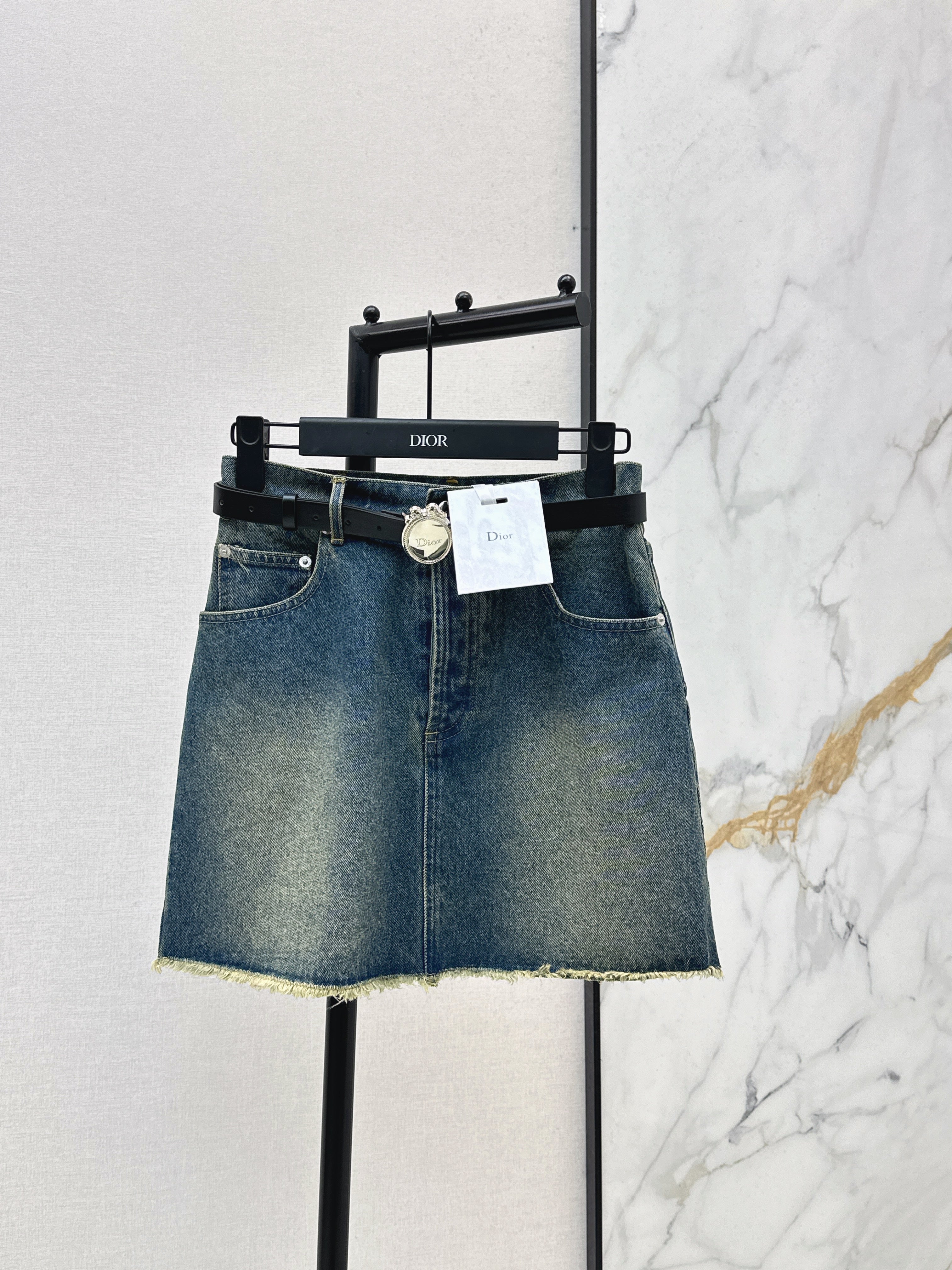 26SS Embroidered Denim Skirt with Belt Detail