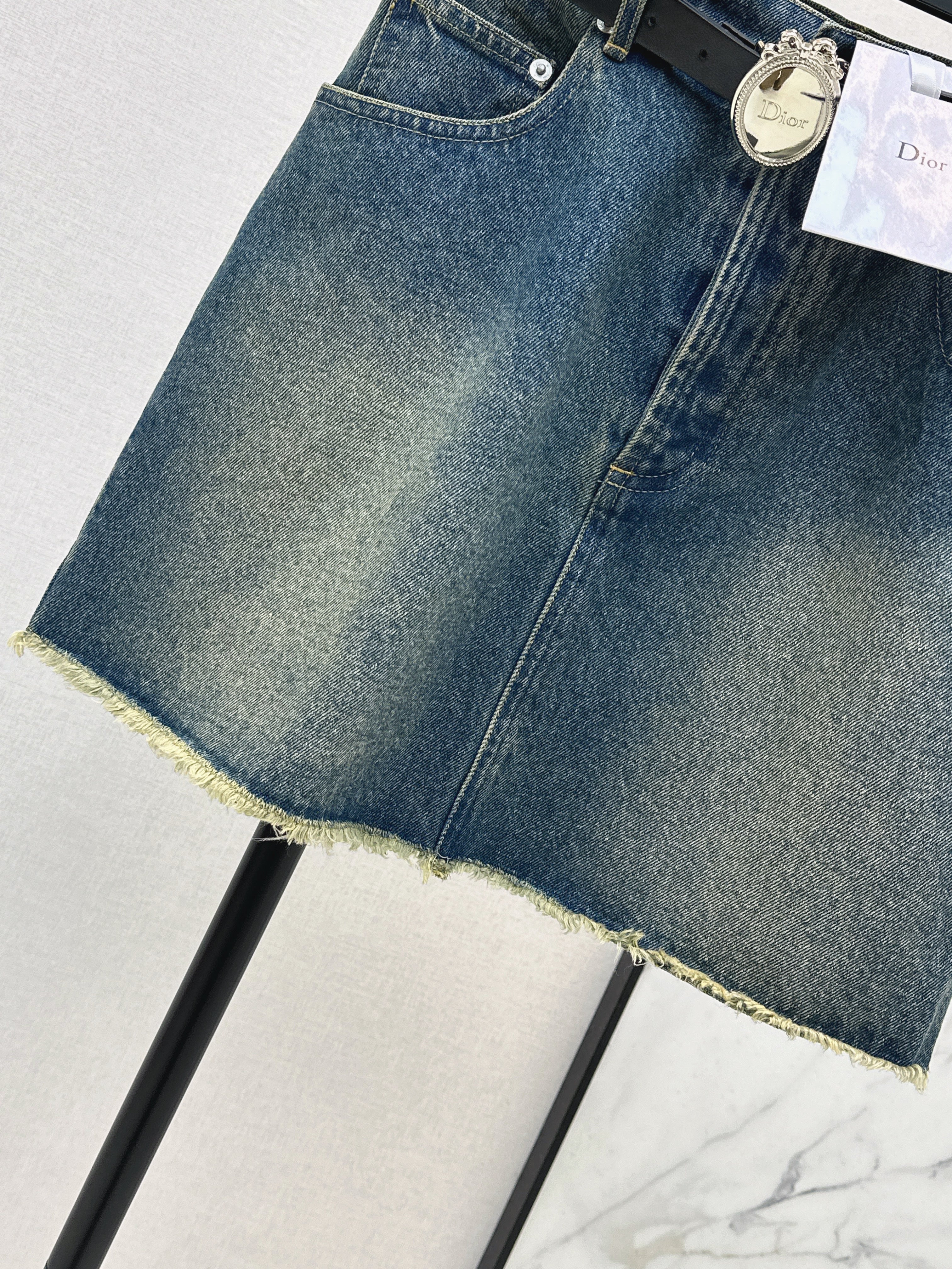 26SS Embroidered Denim Skirt with Belt Detail
