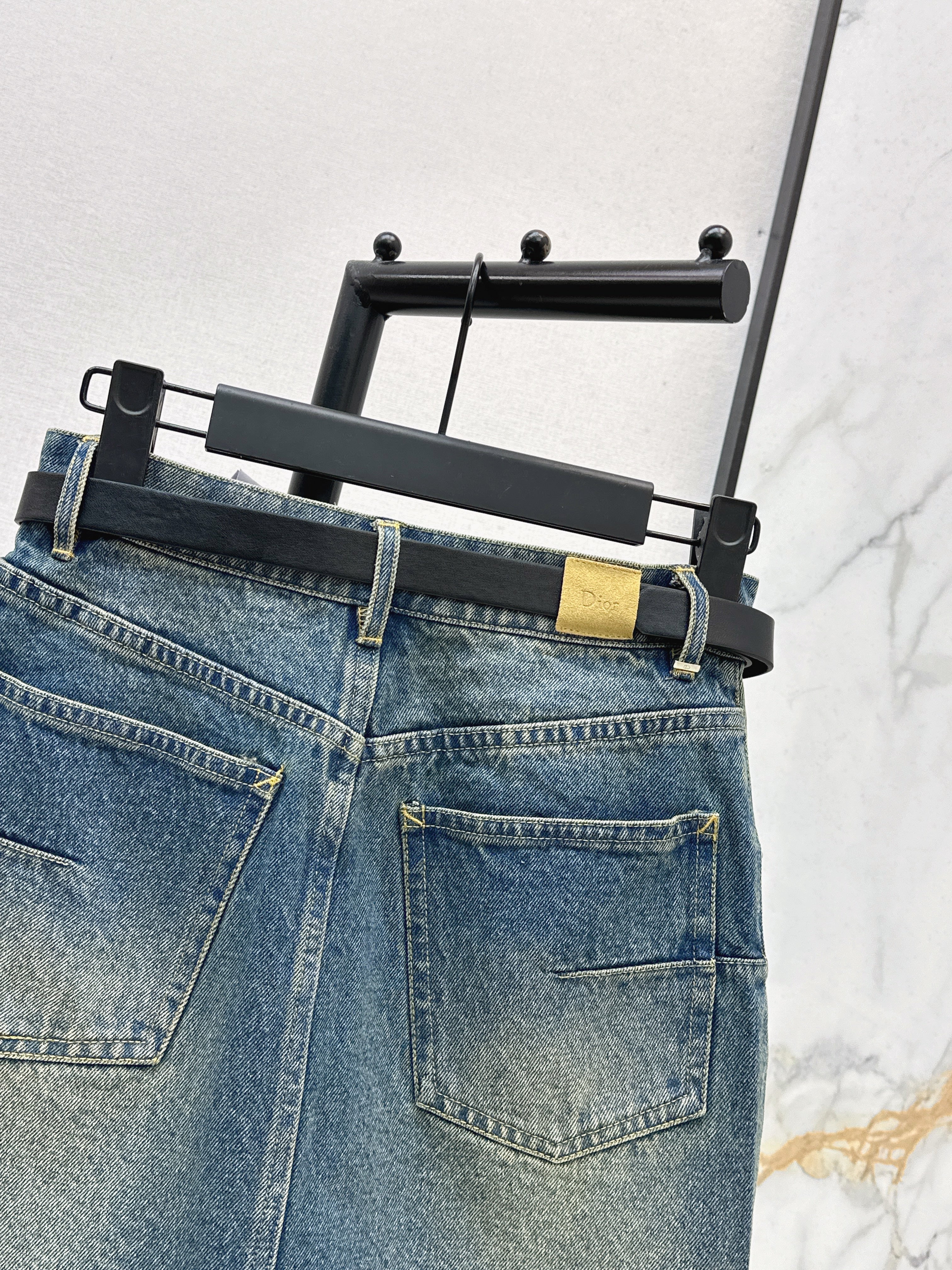 26SS Embroidered Denim Skirt with Belt Detail