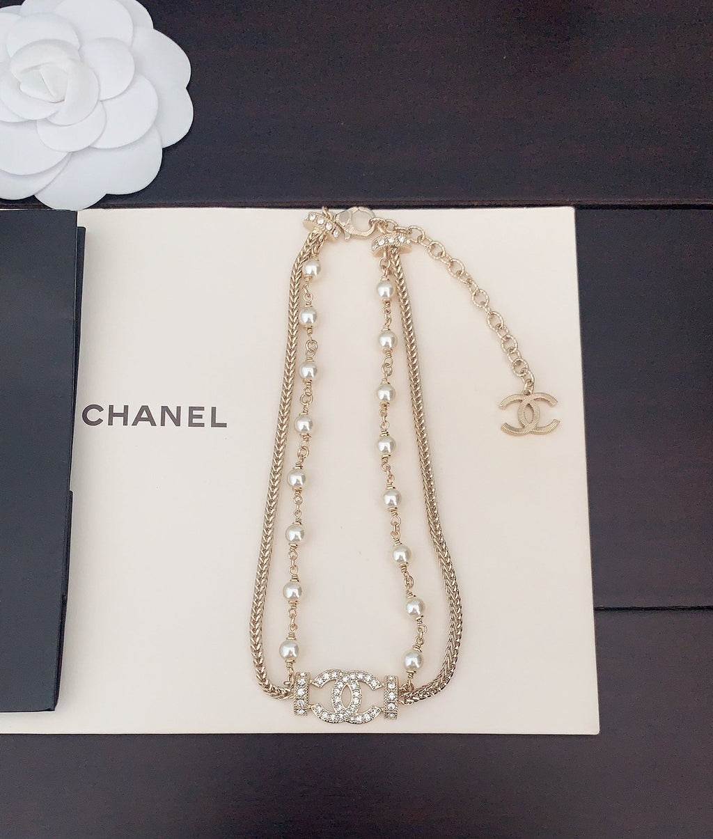 Fully diamond pearl double-layer necklace