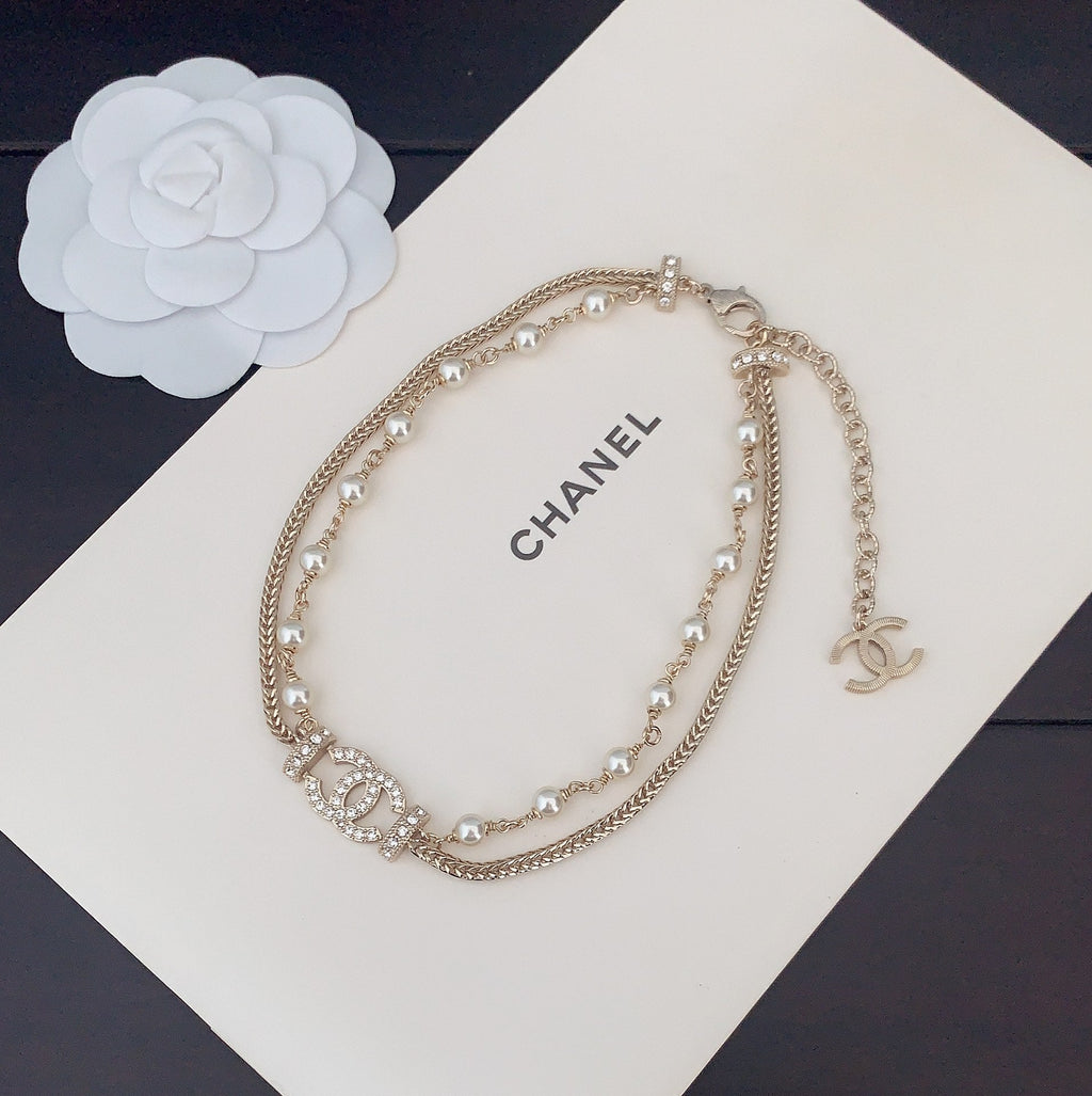 Fully diamond pearl double-layer necklace