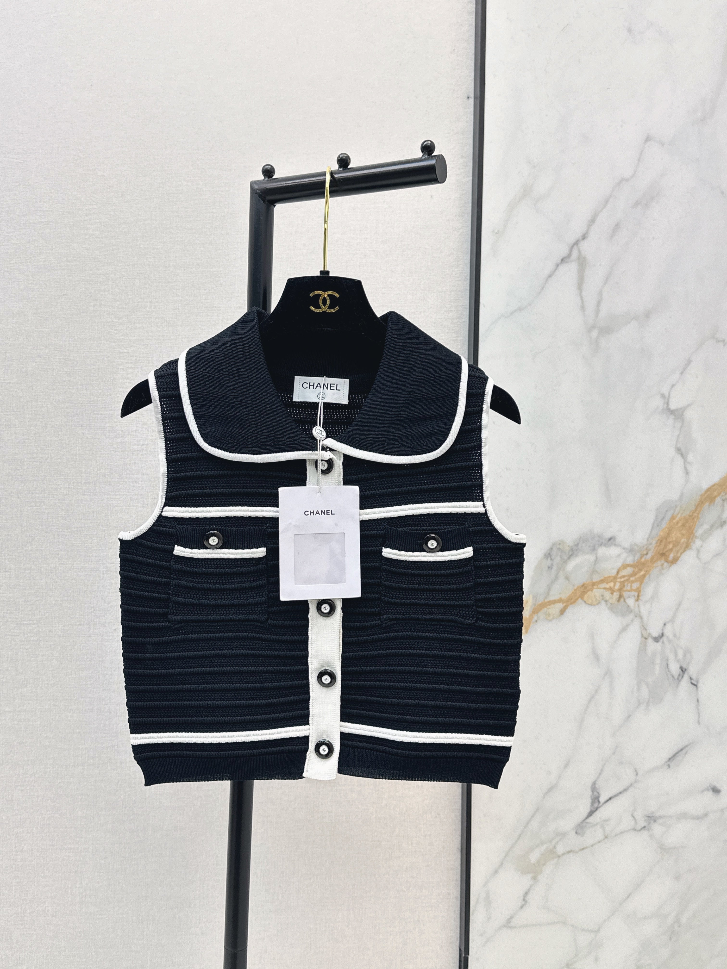 26SS Spring/Summer Color-Blocked Striped Peter Pan Collar Knit Short Sleeve