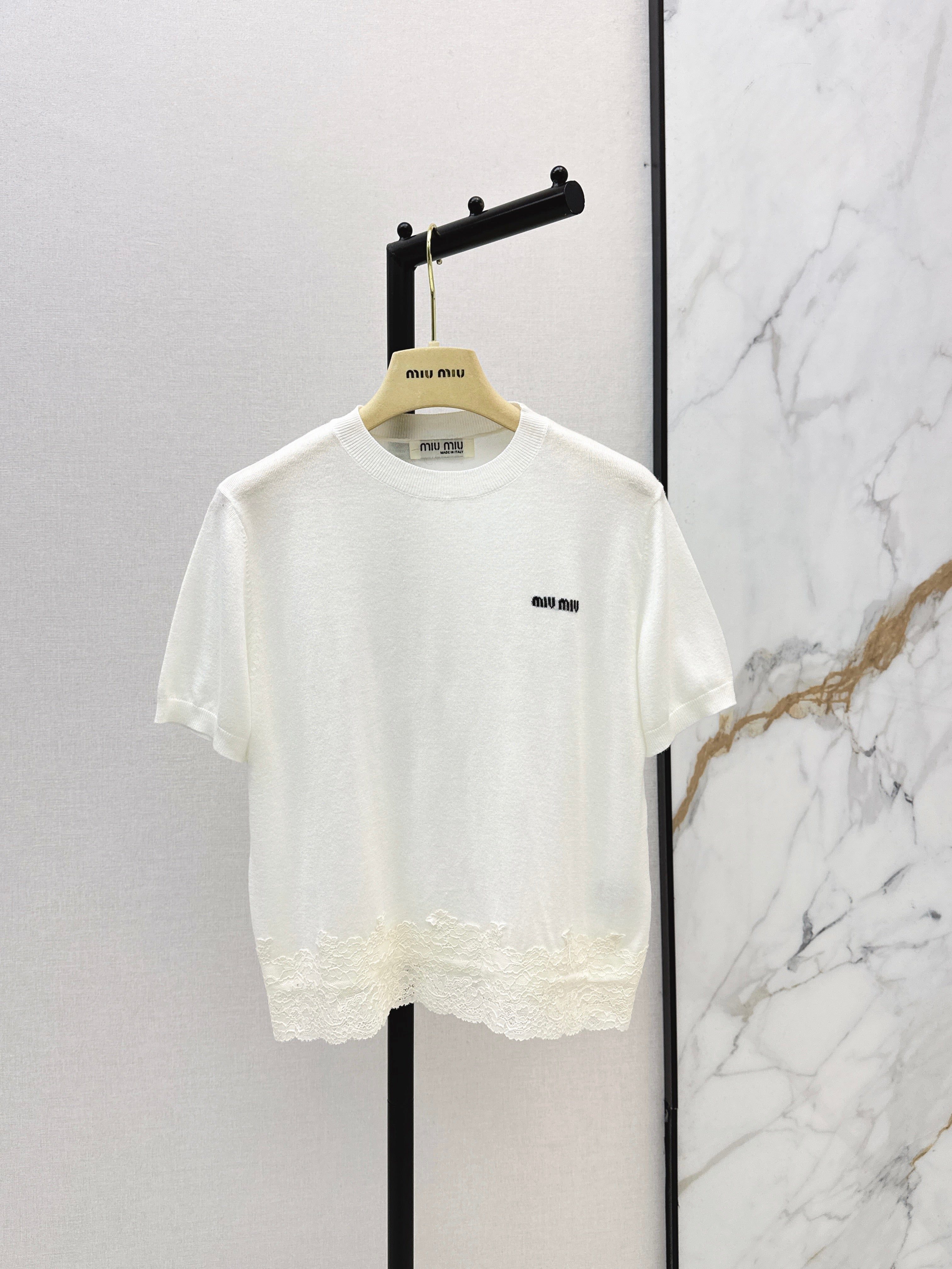 26SS NEW Lace Trim Round Neck Short Sleeve Knit Top