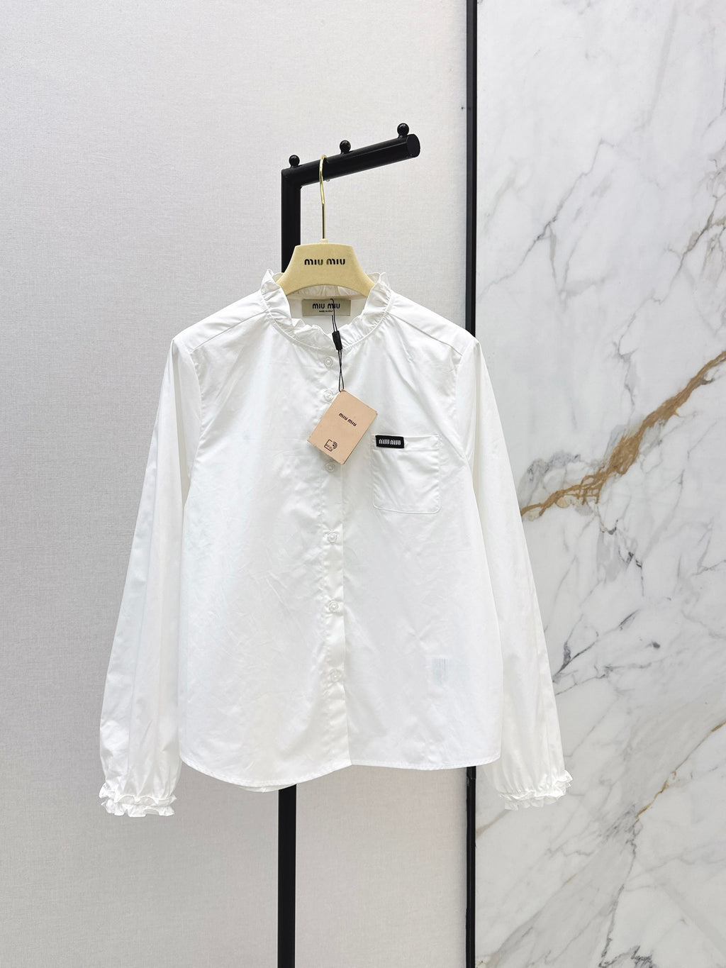 26SS New Logo-Decorated Ruffled Stand Collar Shirt