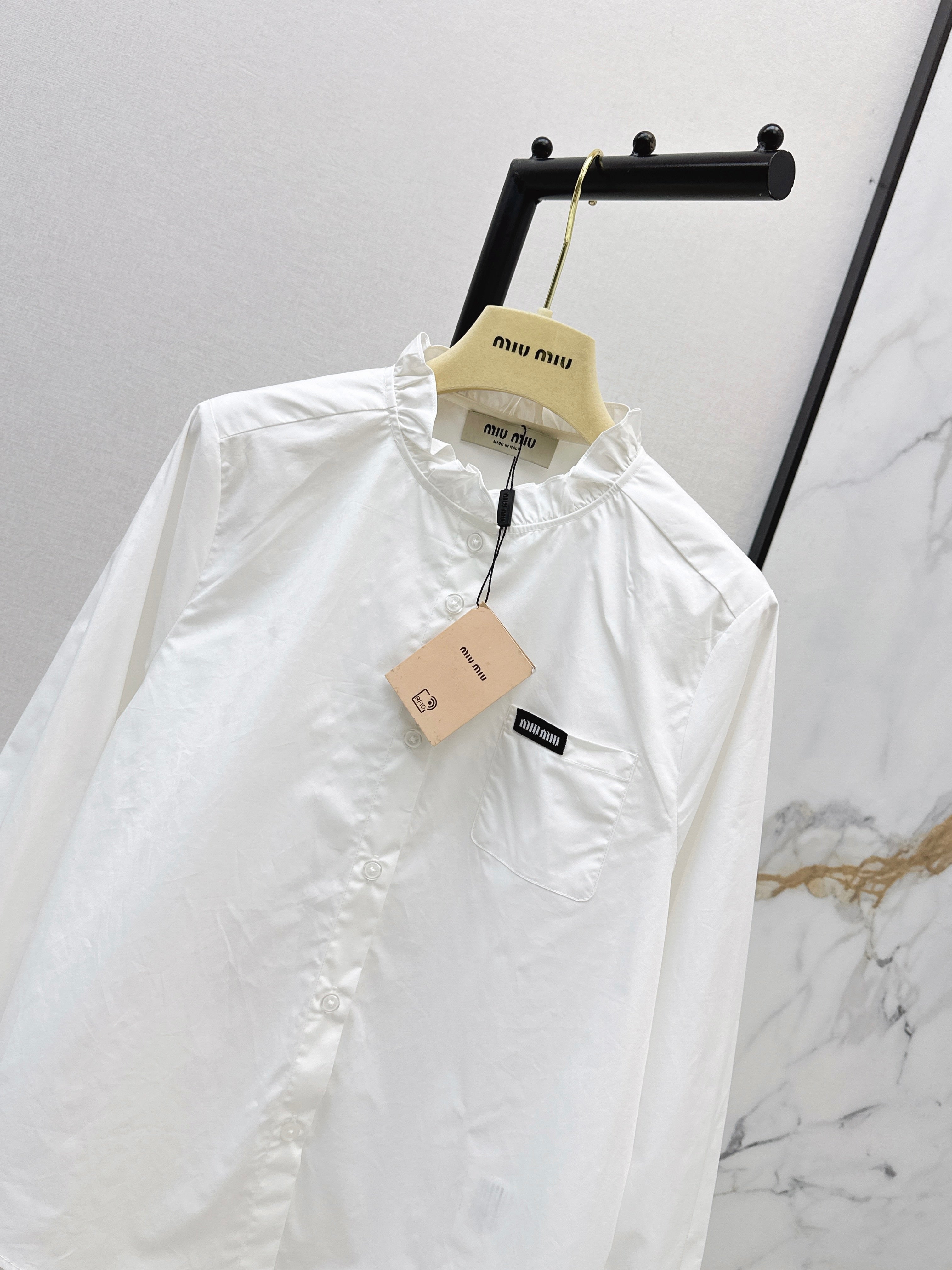26SS New Logo-Decorated Ruffled Stand Collar Shirt
