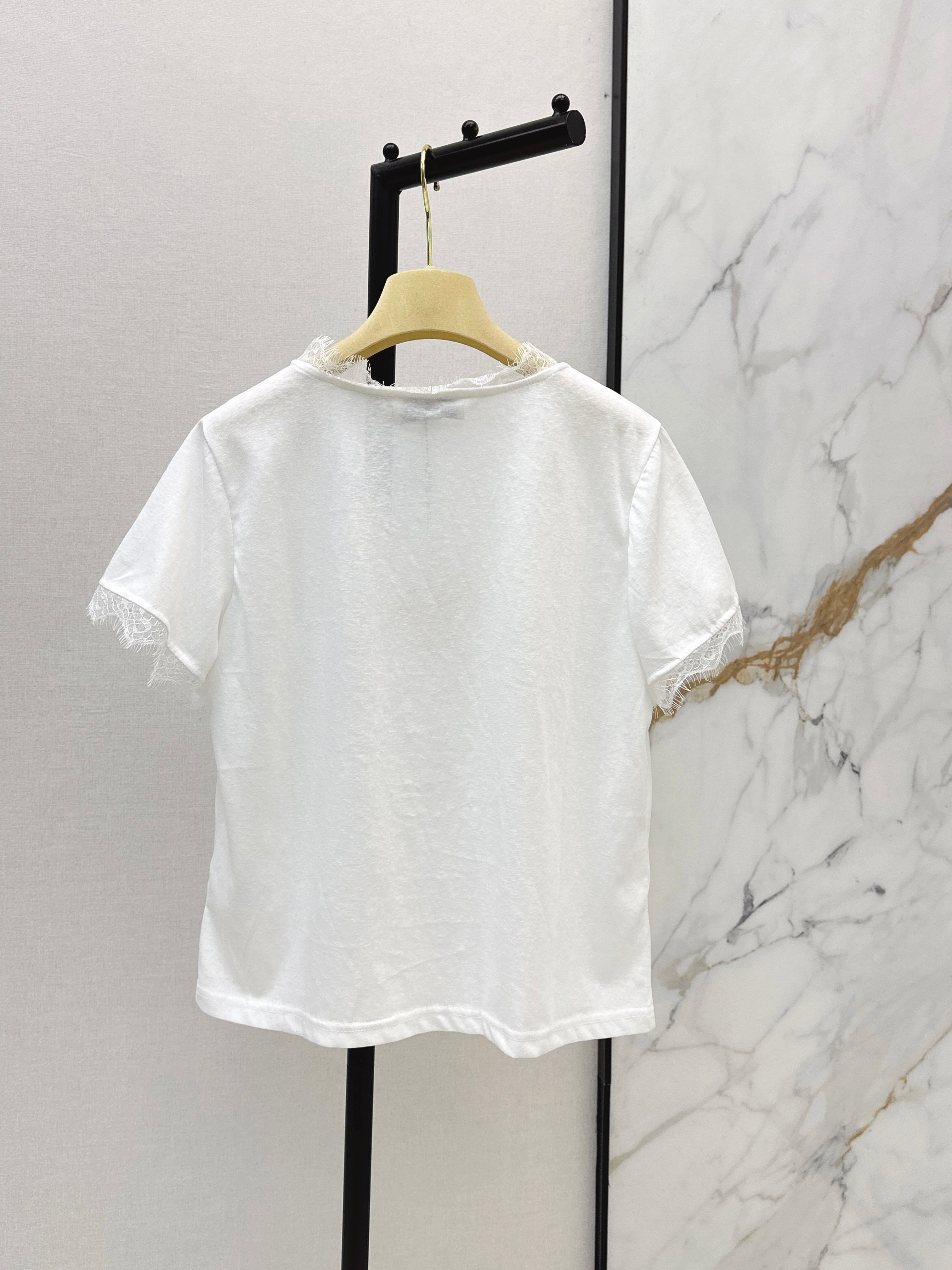 26SS New Lace-Trimmed V-Neck T-Shirt