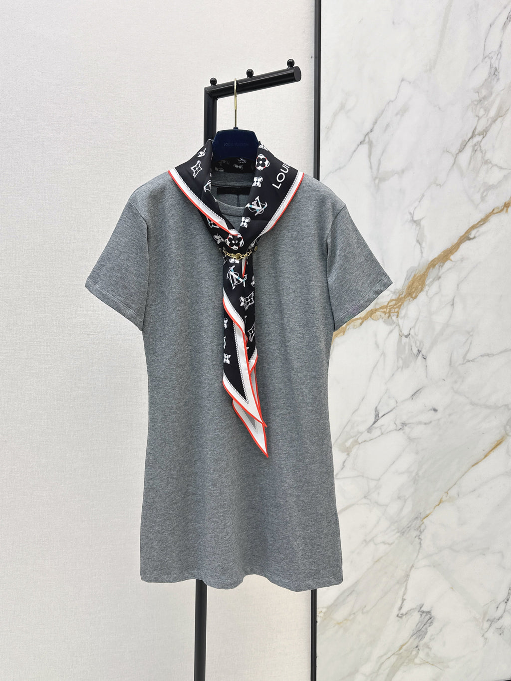 26SS New Arrival: Longline T-Shirt with Printed Silk Scarf Embellishment