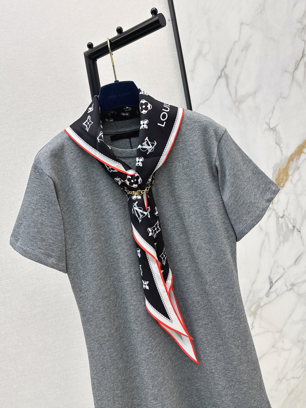 26SS New Arrival: Longline T-Shirt with Printed Silk Scarf Embellishment