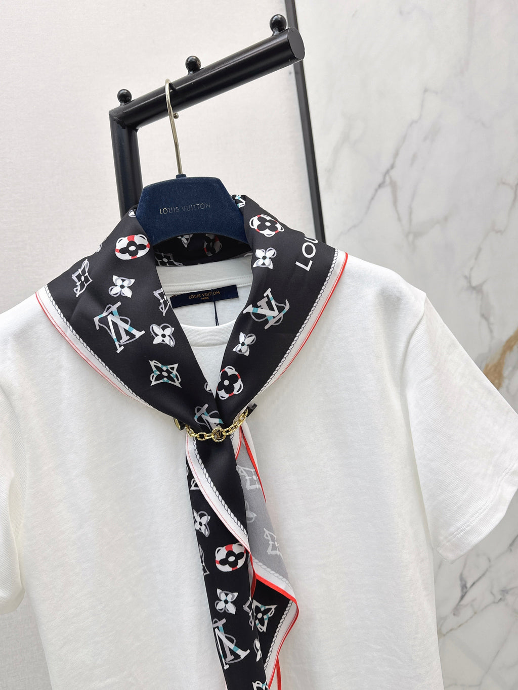 26SS New Arrival: Longline T-Shirt with Printed Silk Scarf Embellishment