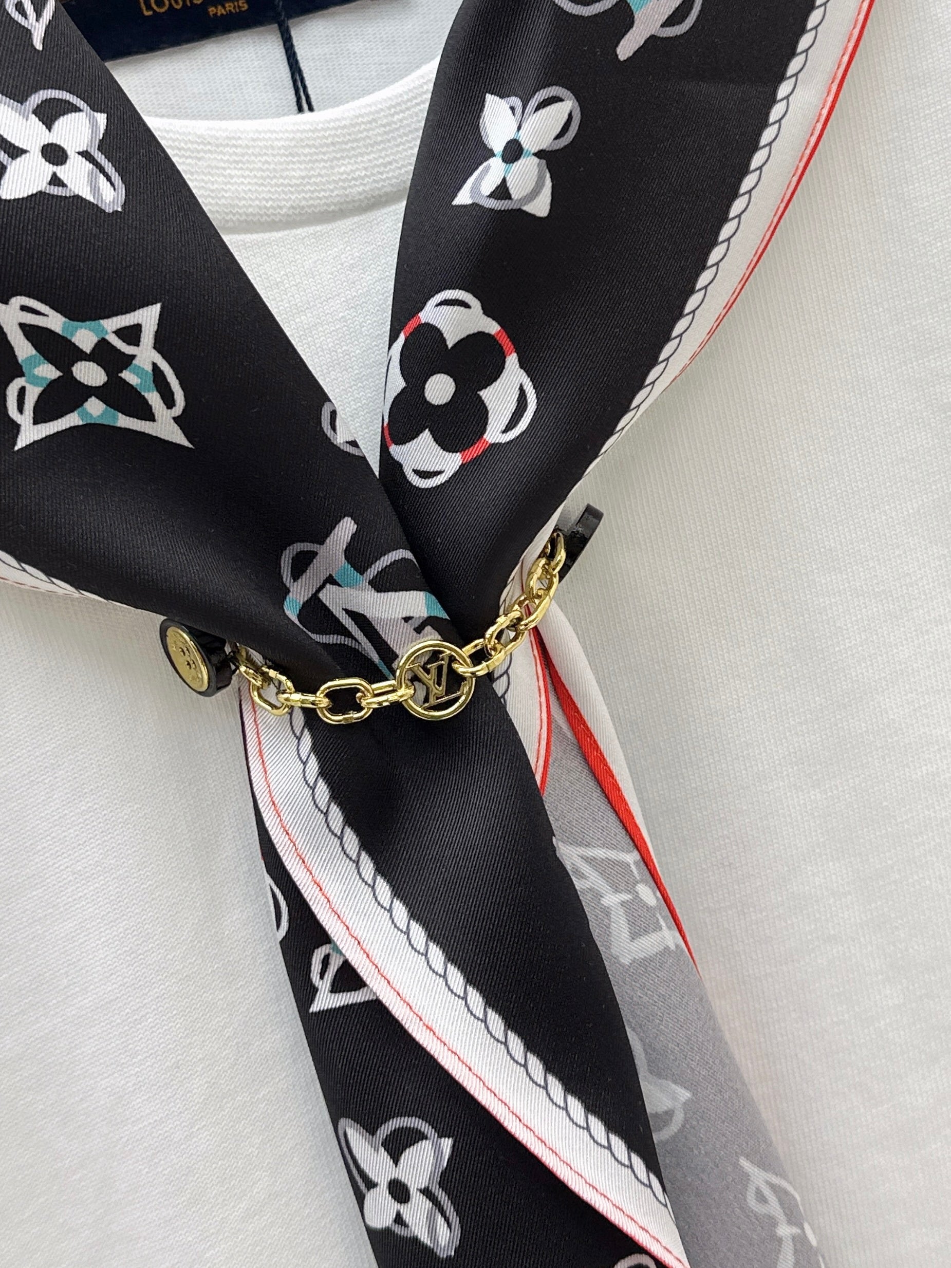 26SS New Arrival: Longline T-Shirt with Printed Silk Scarf Embellishment
