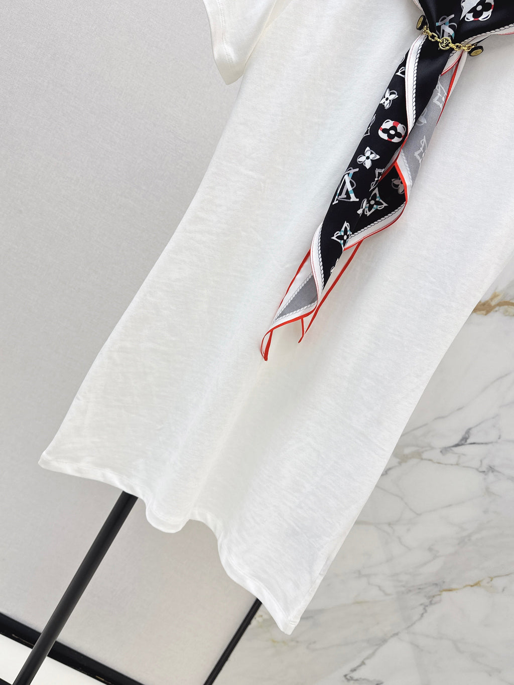 26SS New Arrival: Longline T-Shirt with Printed Silk Scarf Embellishment