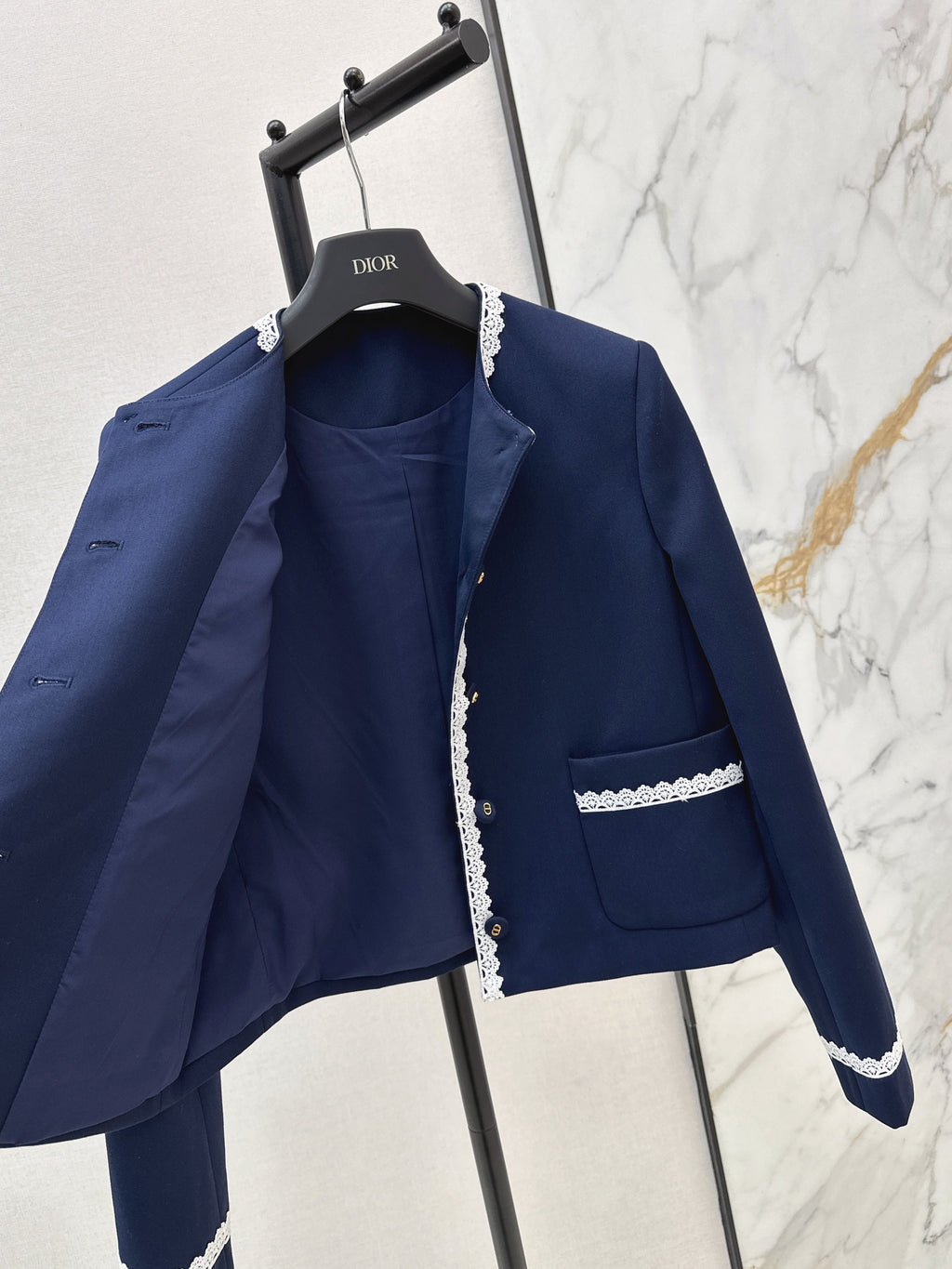 26SS Contrast-Trimmed Lace-Detailed Crewneck Jacket
