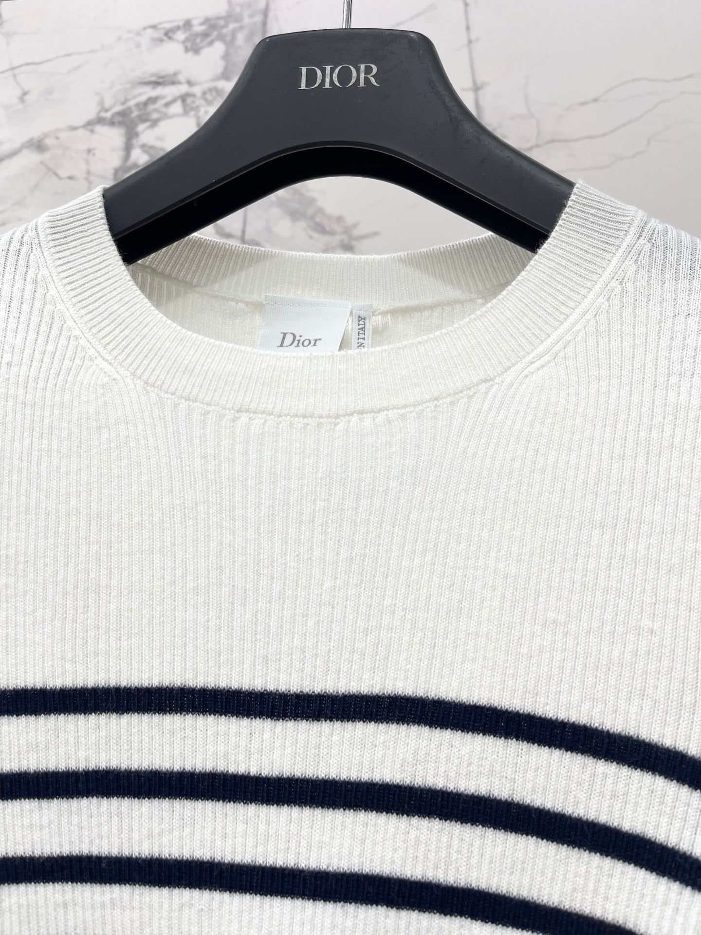 26  New Striped Short-Sleeve Knit Top with Metal Lettering and Crew Neck