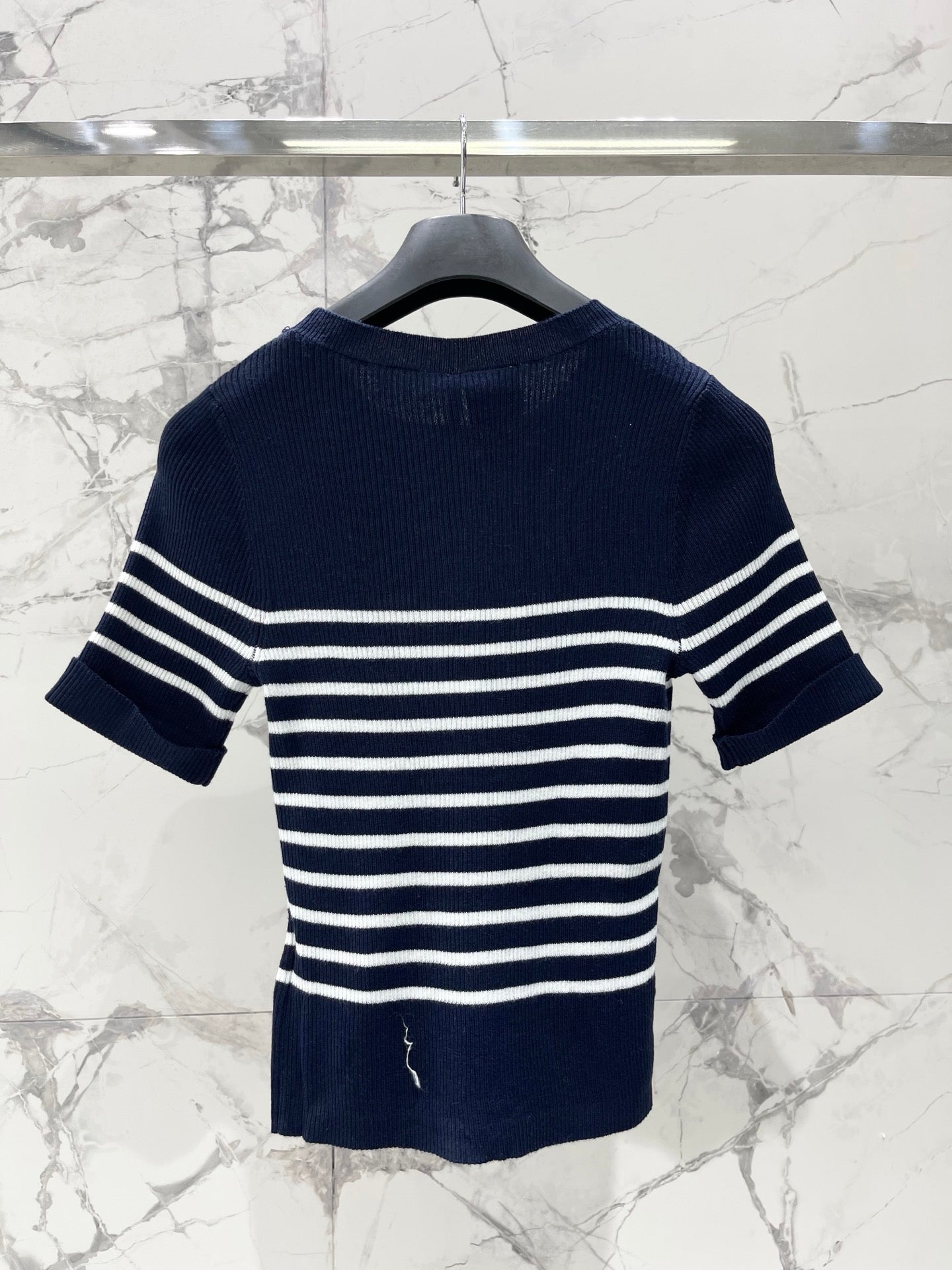 26  New Striped Short-Sleeve Knit Top with Metal Lettering and Crew Neck