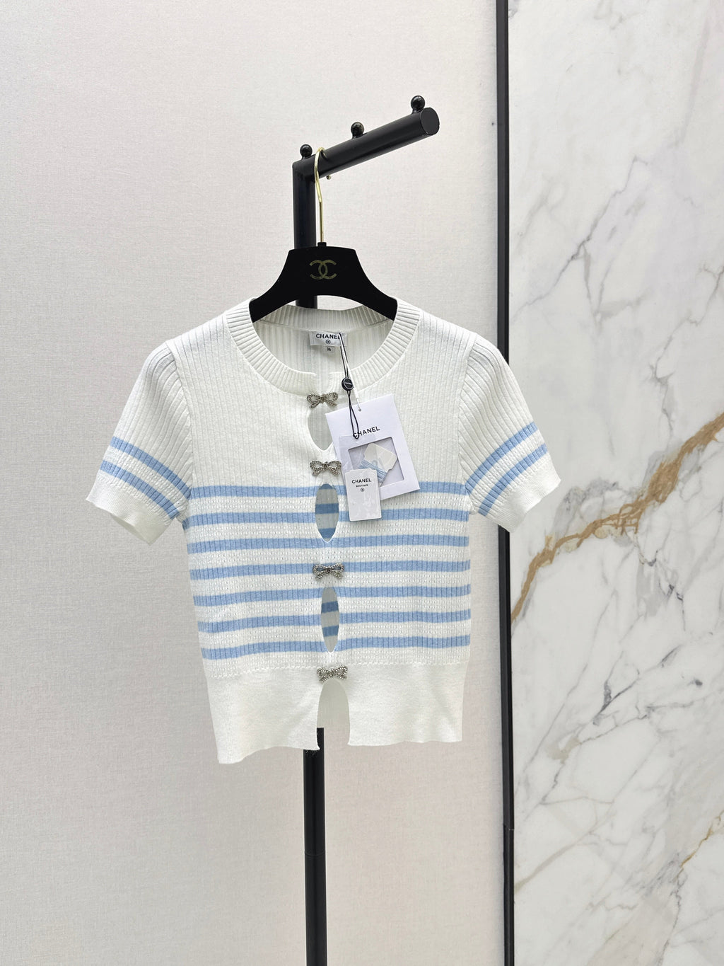26SS - New striped knit top with bow embellishment