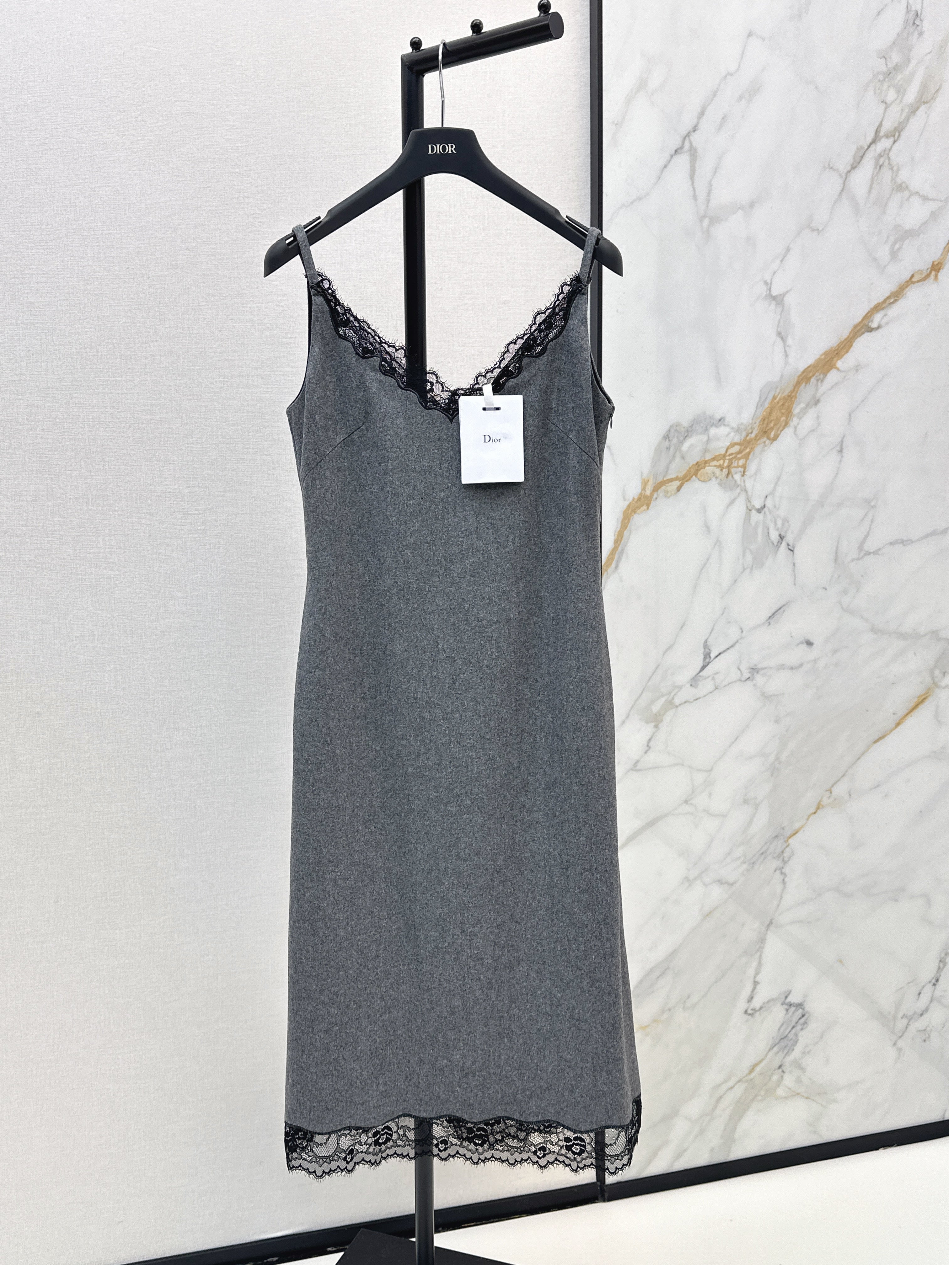 Newest early autumn style high-end gray patchwork lace slip dress