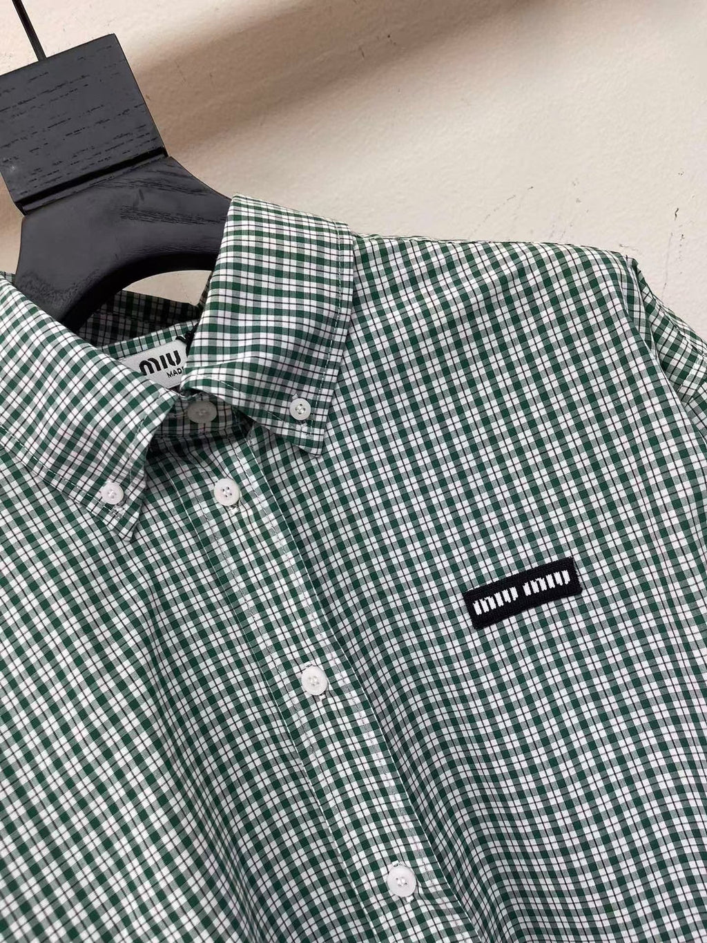 Green Check Lapel Cropped Long Sleeve Shirt