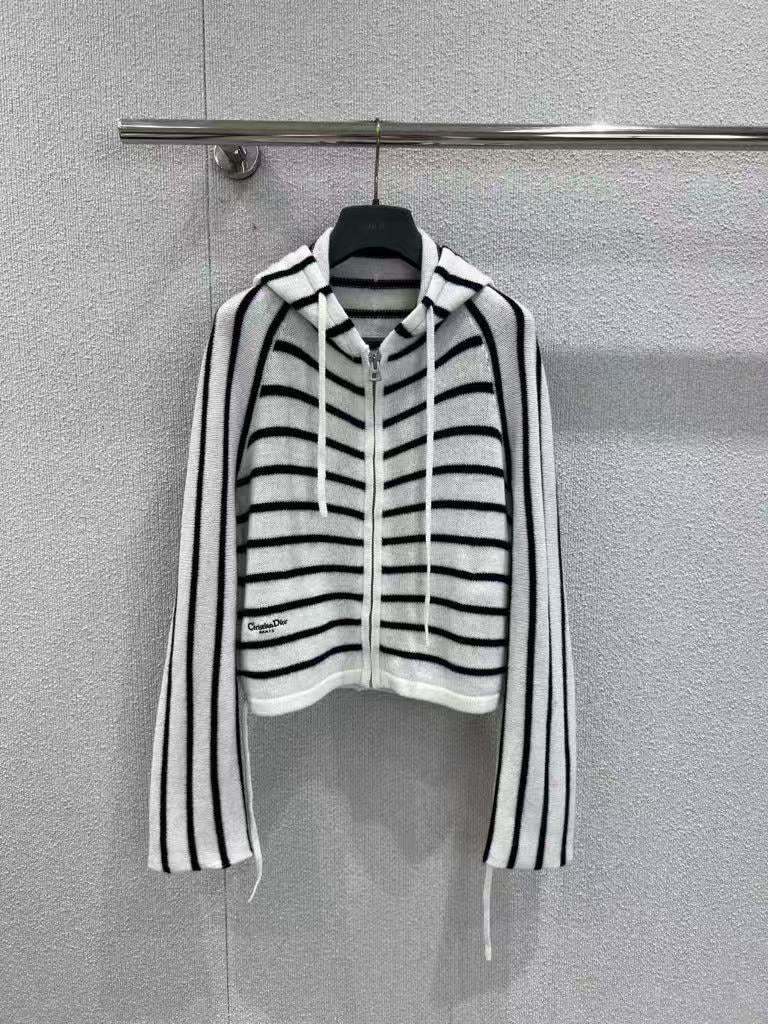 Drawstring striped wool hooded cardigan
