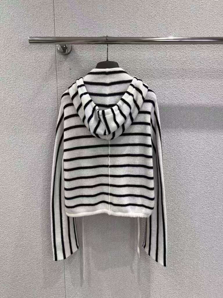 Drawstring striped wool hooded cardigan