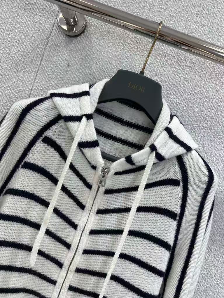 Drawstring striped wool hooded cardigan