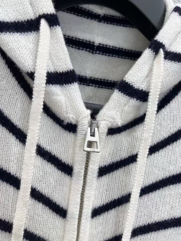 Drawstring striped wool hooded cardigan