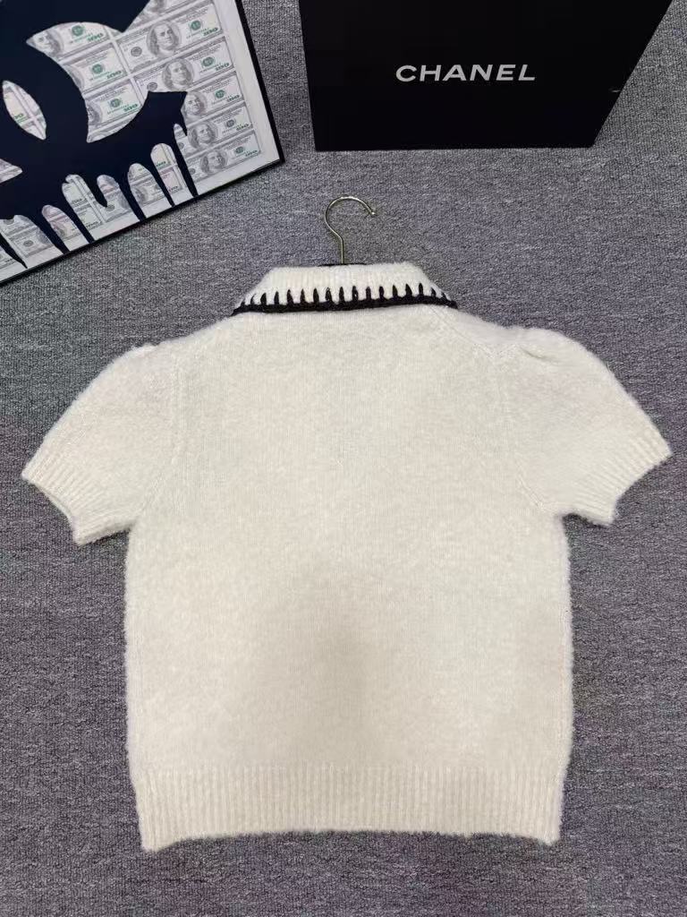 Autumn/Winter New Ski Collection Bow-Tie Collar Color-Blocked Knit Short-Sleeve T-Shirt