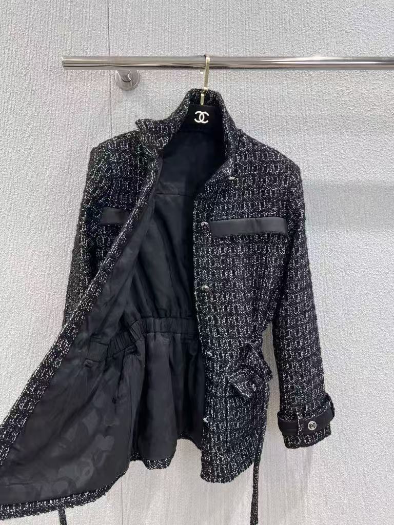 Black Stand Collar Belt Tweed Jacket