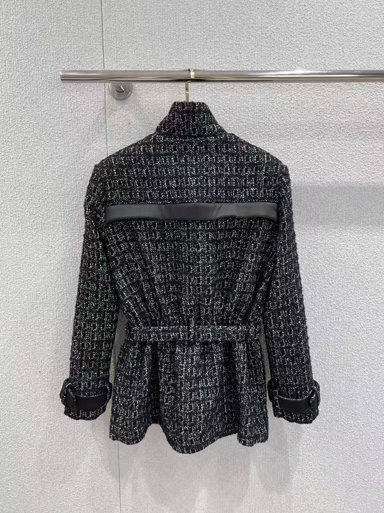 Black Stand Collar Belt Tweed Jacket