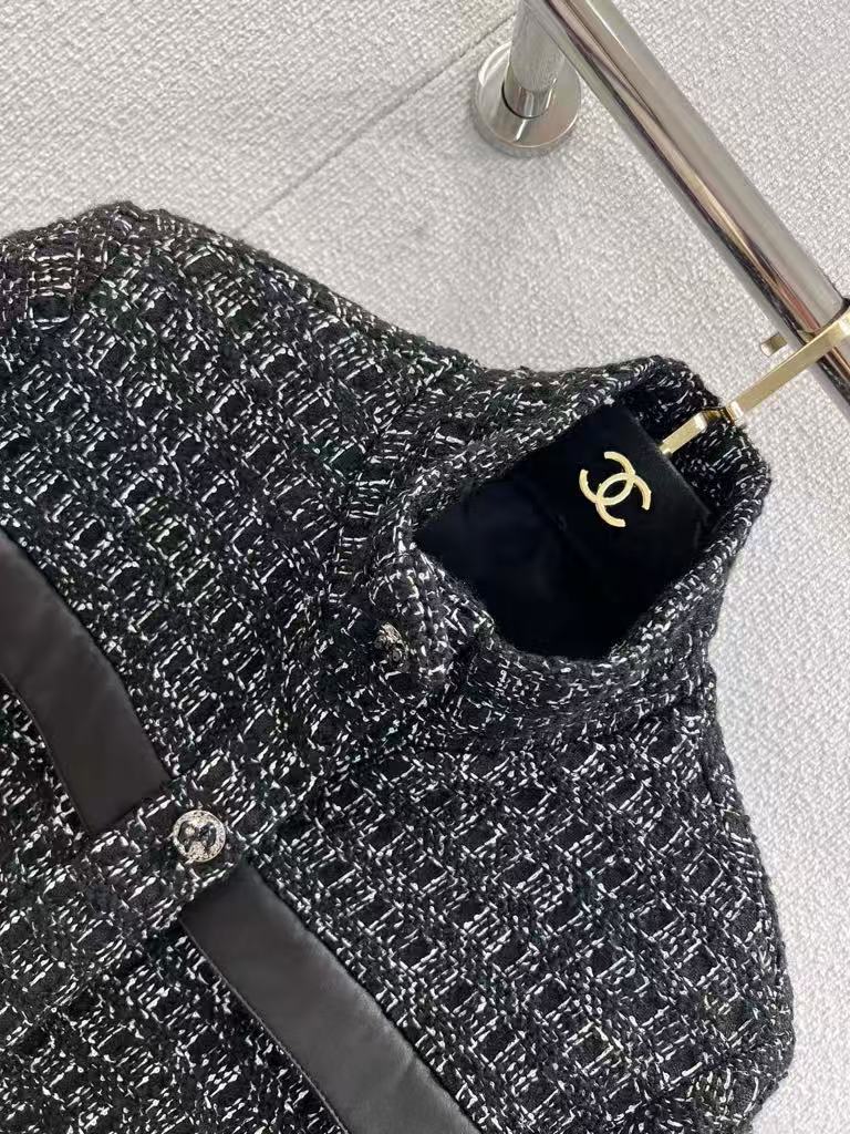 Black Stand Collar Belt Tweed Jacket