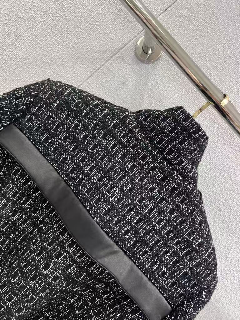 Black Stand Collar Belt Tweed Jacket