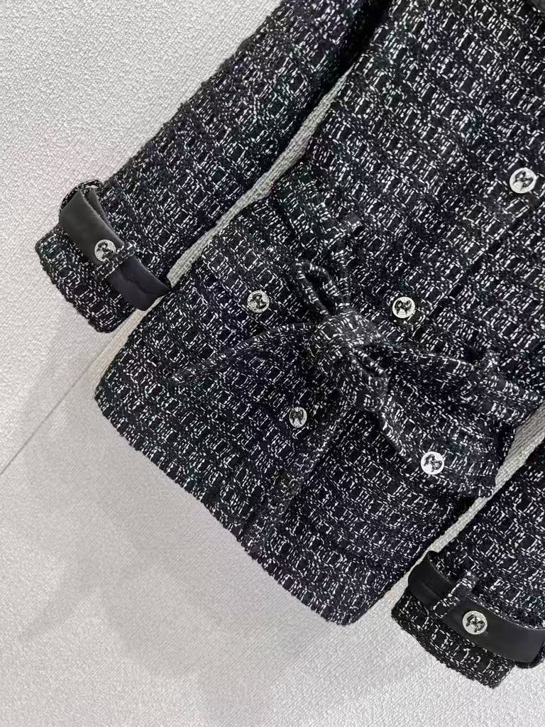 Black Stand Collar Belt Tweed Jacket