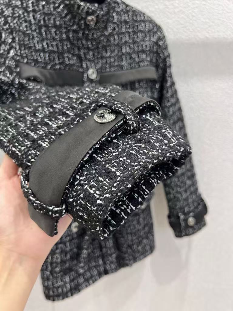 Black Stand Collar Belt Tweed Jacket
