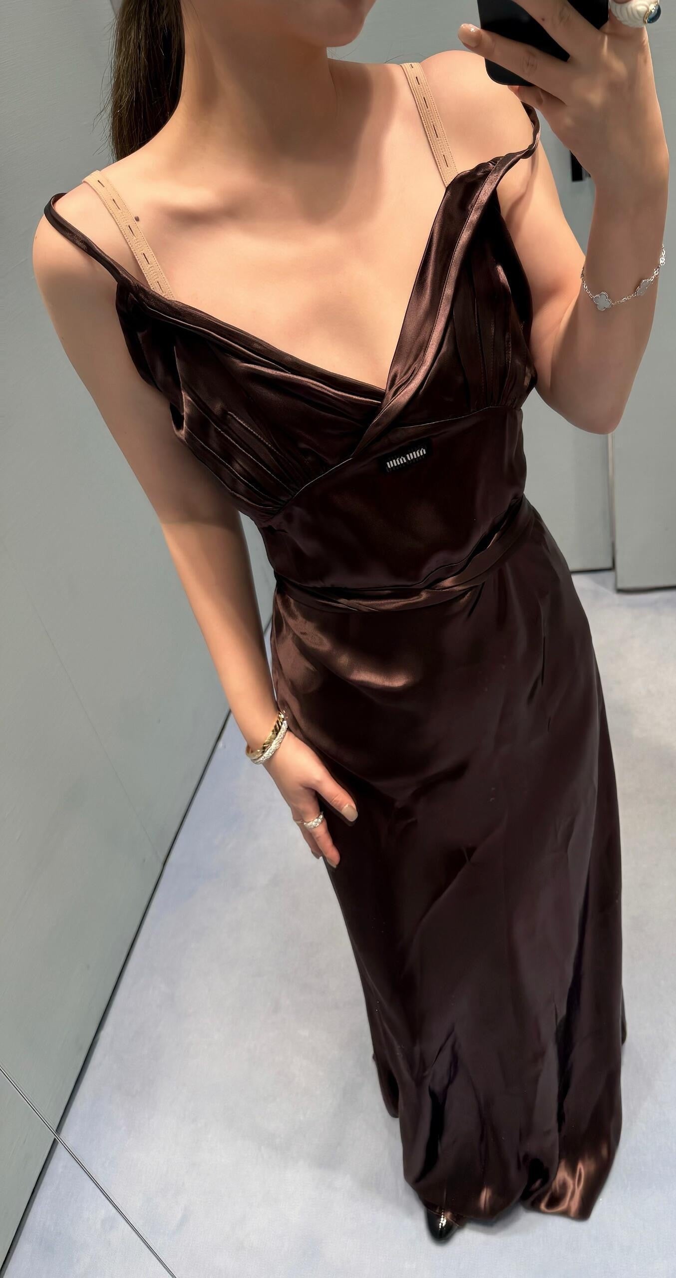 25FW Autumn/Winter New Bow Tie V-Neck Faux Acetate Suspender Dress