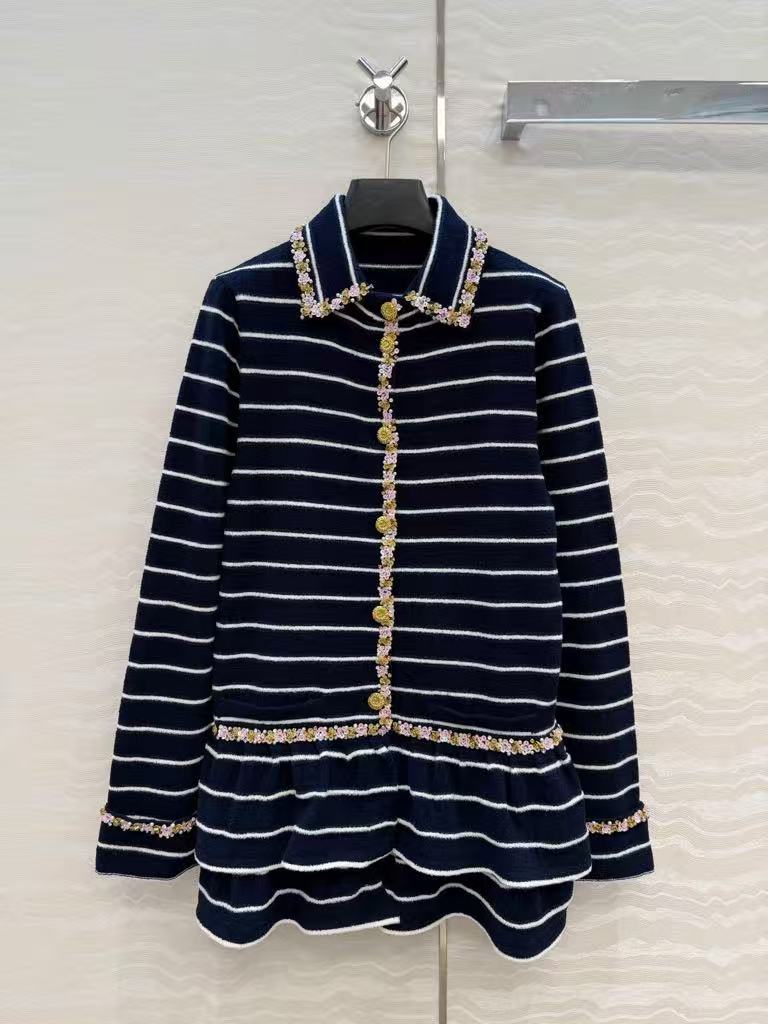 Navy blue striped knitted long cardigan