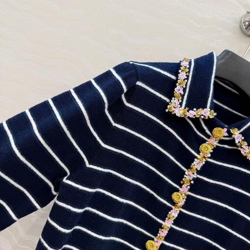 Navy blue striped knitted long cardigan