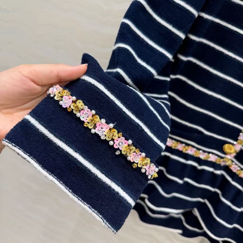 Navy blue striped knitted long cardigan
